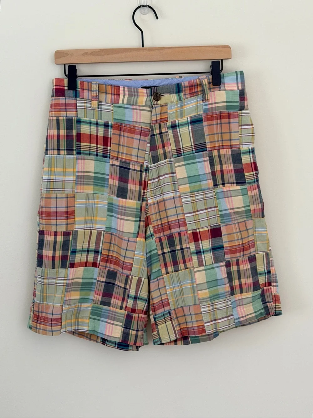 Vtg 90s Y2K J Crew Mens Patchwork Rainbow Madras Plaid Shorts Cotton trending
